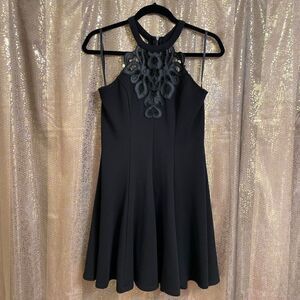 Material Girl Black Embroidered Lace Halter Neck Flared Mini Dress, Large